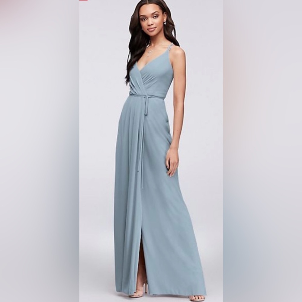 David's Bridal Double-Strap Georgette Wrap Dress Steel Blue Size 6